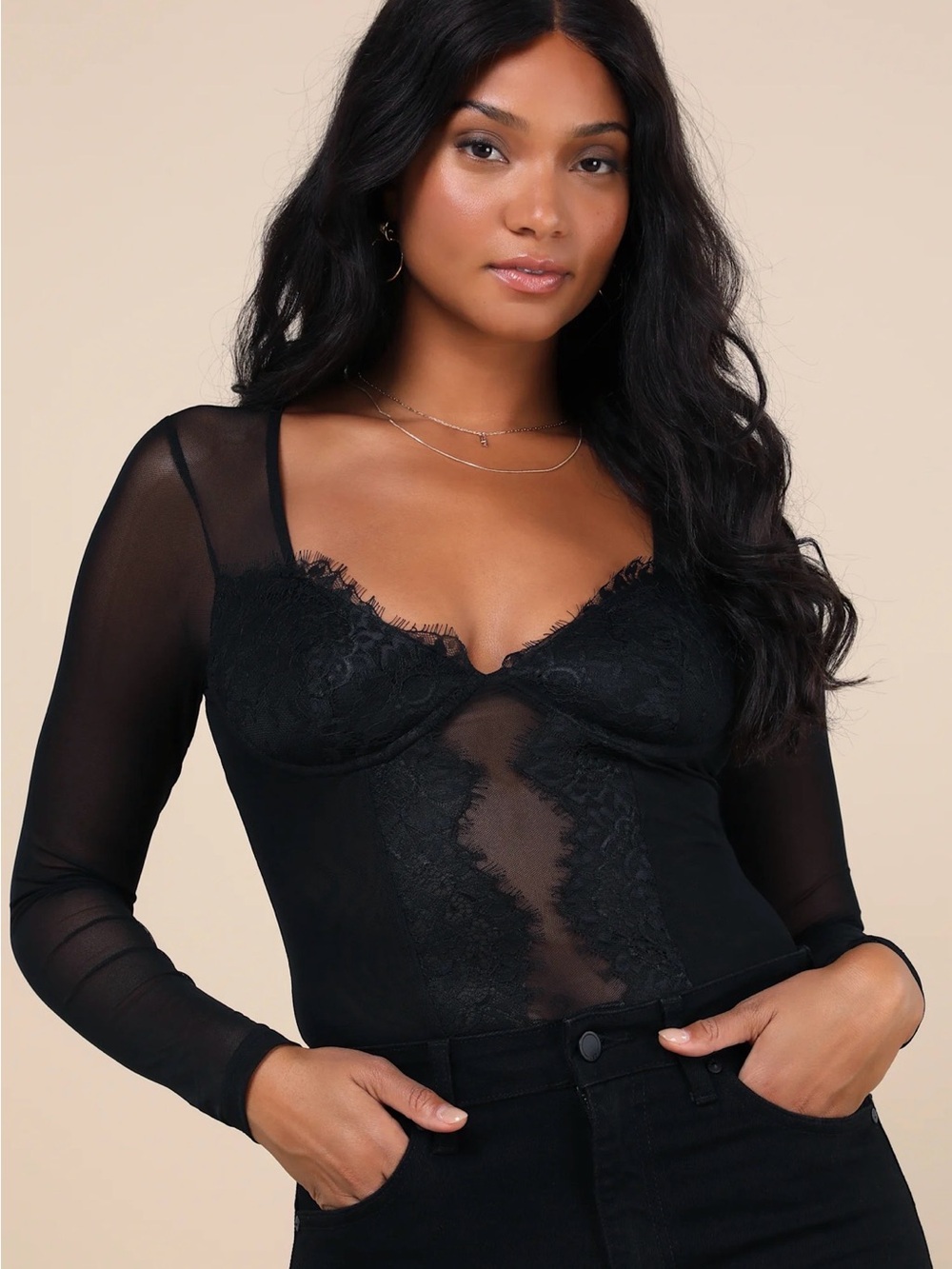 Lulus Stay Sultry Black Lace Mesh Bodysuit Size Medium New
